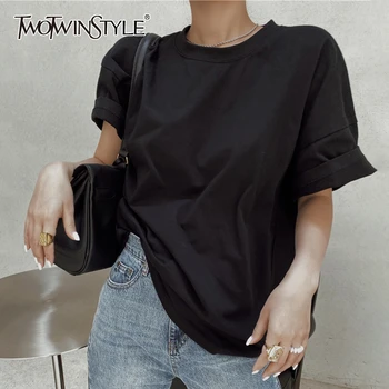

TWOTWINSTYLE Casual Loose T Shirt For Women O Neck Short Sleeve Minimalist T-Shirt Female Fashion Clothing 2020 Spring Tide