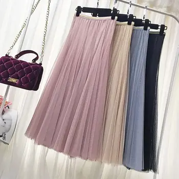 

2019 Autumn Winter Vintage Skirts Womens Elastic High Waist Tulle Mesh Skirt Long Pleated Tutu Skirt Female Jupe Longue