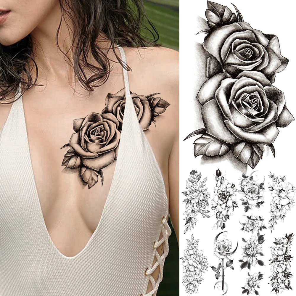 Tatouage Poitrine Femme Rose Faux Tatouage 3d Grande Rose Réaliste Pour Femmes Adultes, Autocollants  Temporaires, Sexy, Sur La Poitrine, Lavable - Temporaire Tatouages -  AliExpress