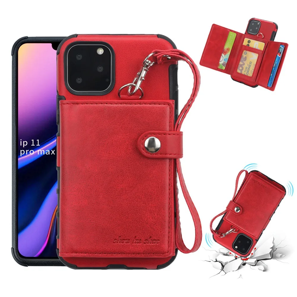 Кошелек чехол для телефона с ремешком для iPhone 11 Pro max 7 8 X кредитный держатель для карт чехол на заднюю панель мобильного телефона - Цвет: Red