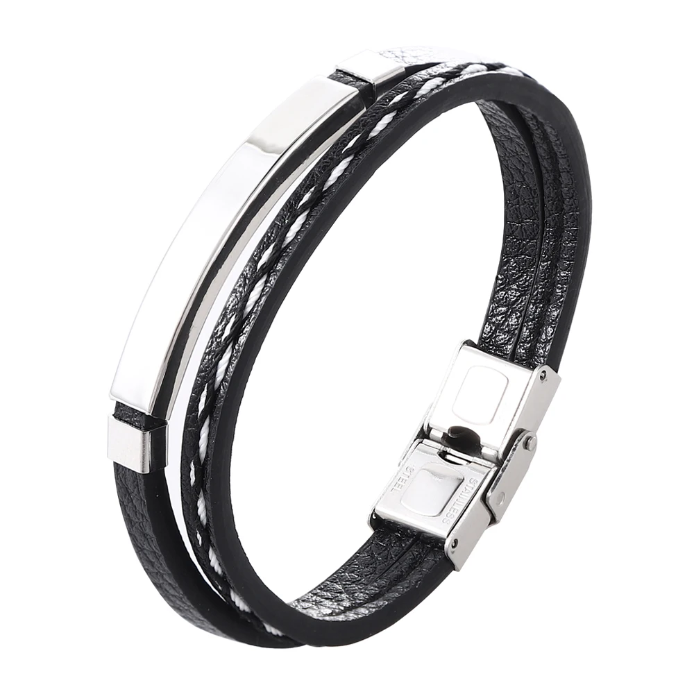Engraved Name Genuine Leather Bracelet Double Layer Design Black Golden Stainless Steel for Men Punk Jewelry Gift Free Shipping - Image 2