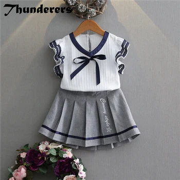 

Thunderers Summer Kids Clothing Set For Girls Short Sleeve Shirt With Short Skirt Children Outfits 2pcs Girl Clothes 3Y-7Y