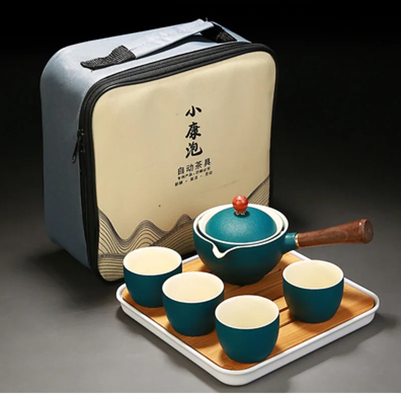Ceramic Gongfu Kung Fu Tea Set, Cup Filter Teapot with Wooden Handle, Side-handle Automatic Spinning Pot, Travel Outdoor Teawa