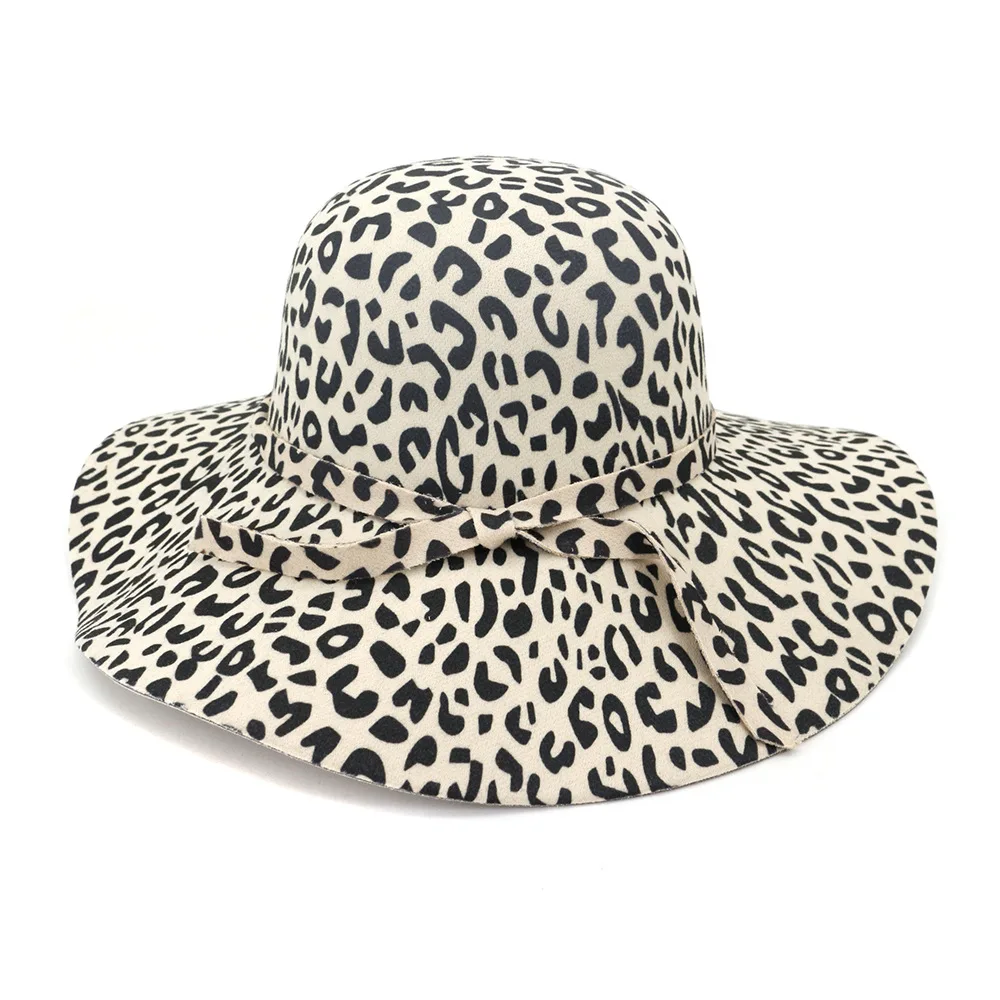 QBHAT Wide Wave Brim Artificial Wool Felt Fedora Hats Leopard Printting Women Floppy Hat Fashionable Female Dress Hat Sun Cap 4