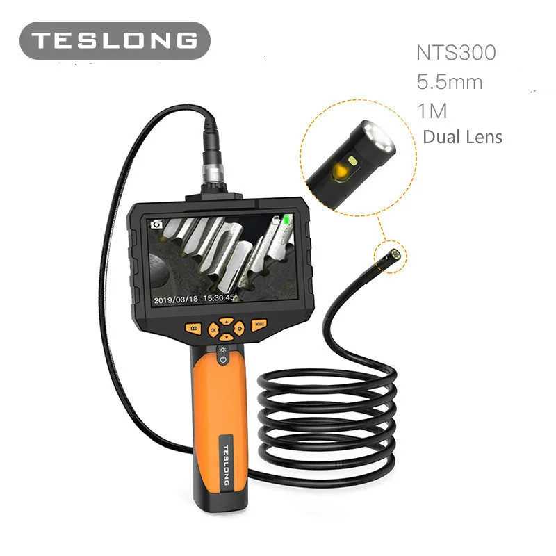 

TESLONG NTS300 1M 3M Cable 5.5mm Snake Dual Camera Lens Flexible IP67 Inspection Borescope 6LEDs Oil-proof 4.5 LCD Monitor 720P