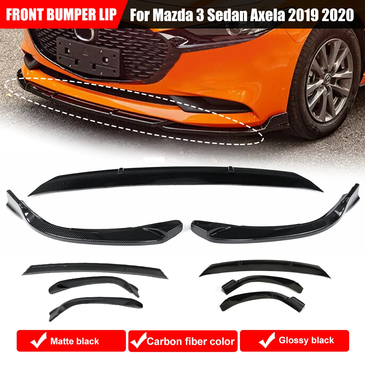 Automotive Mouldings Trim For 19 Mazda 3 Sedan Axela Bright Black Front Bumper Lip Body Kit Spoiler