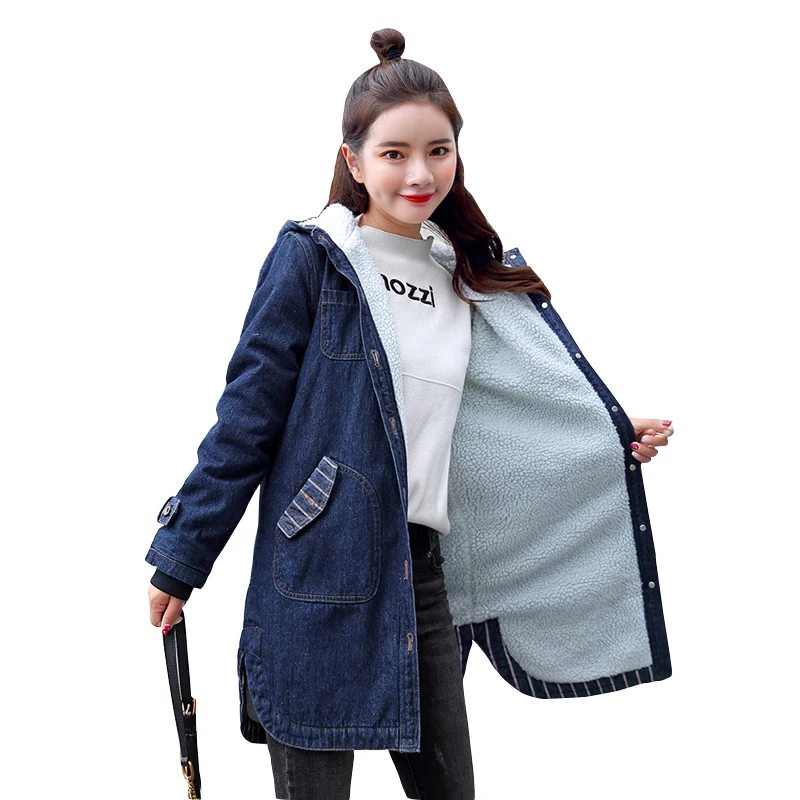 

Plus size 5XL Women Spring Autumn winter Fur Jean Jacket Women Lamb lining With Hooded Blue Bomber Jacket Female Warm Denim Coat