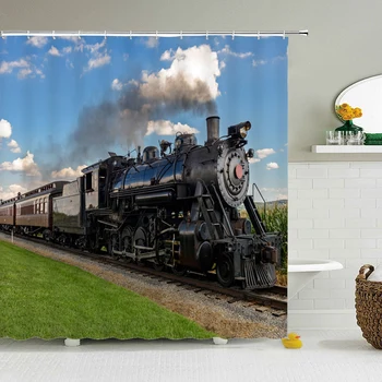 

Steam Age Trains Shower Curtain Waterproof Bathroom Curtains Polyester Fabric Retro old Bath Curtain with Hooks Home Decor