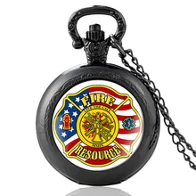 

Black Classic American Flag Fire Rescue Glass Cabochon Quartz Pocket Watch Vintage Men Women Pendant Necklace Watches Gifts