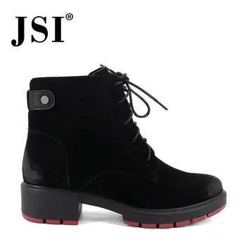 

JSI Boots Women Kid Suede Lace-Up Round Toe Mid-Calf Winter Handmade Shoes Square Heel Med Heel Solid Fur Women Boots JC279