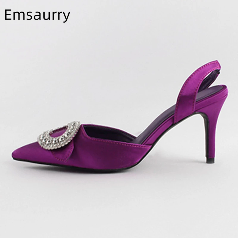 

2020 Summer Shoes Woman Elliptical Rhinestone Buckle 7cm Heel Back Strap Luxury Silk Pointy Toe Gladiator Sandals Women