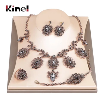 

Kinel Luxury 4Pcs Gray Crystal Flower Bridal Wedding Jewelry Sets Antique Gold Color Turkey Earring Necklace Bracelet Ring Women