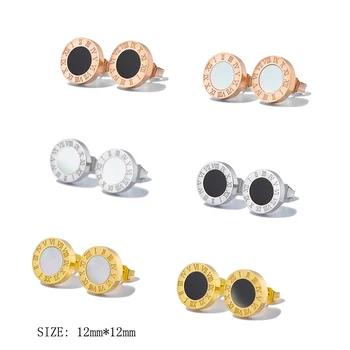 

Classic Rose Gold Color Black White Shell With Letter Steel Stud Earrings For Men Women Fashion Jewelry
