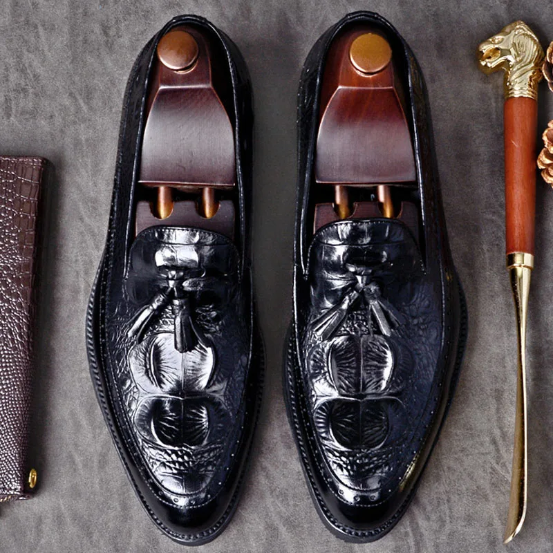 

2019 Handmade crocodile shoes Fashion Party Wedding Office tassel Men's dress shoes Genuine Leather Oxford formal shoe