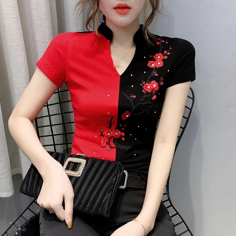 2020 New Summer Fashion Folk Clothes Sexy Patchwork Embroidery Diamonds T-shirt Women Tops Ethnic Ropa Mujer Shirt Tees T02005 | Женская