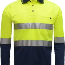 Высокая видимость рубашка с длинным рукавом, двухцветная желтая темно-синяя рубашка со светоотражателями покроя поло со светоотражающими полосками Hi Vis Рабочая одежда