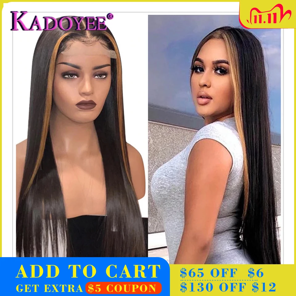 

Natural Black With Highlights Blond Brown Wig T Part Lace Wig Straight Human Hair Wig Preplucked Brazilian Remy Wig For Women