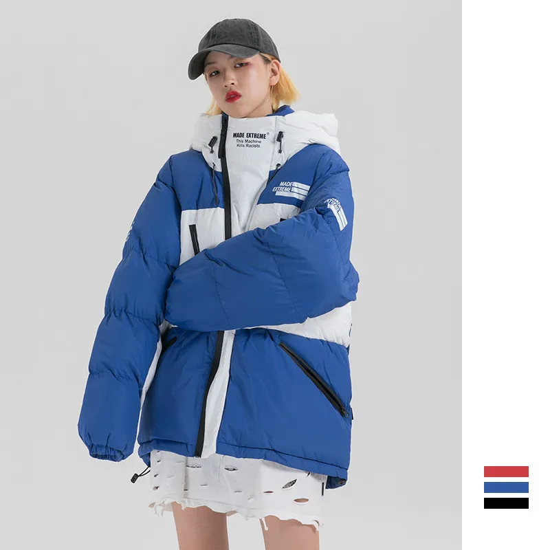 

Men Streetwear Hip Hop Thick Hooded Warm Coat Winter Zipper Splice Loose Casual Cotton Padded Parka Jacket Male Women Outerwear