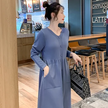 

Soft Knitted Maternity Clothes Autumn Winter Pregnant Women Dress Casual Sexy V Neck Solid A-line Dresses Vestidos Plus Size