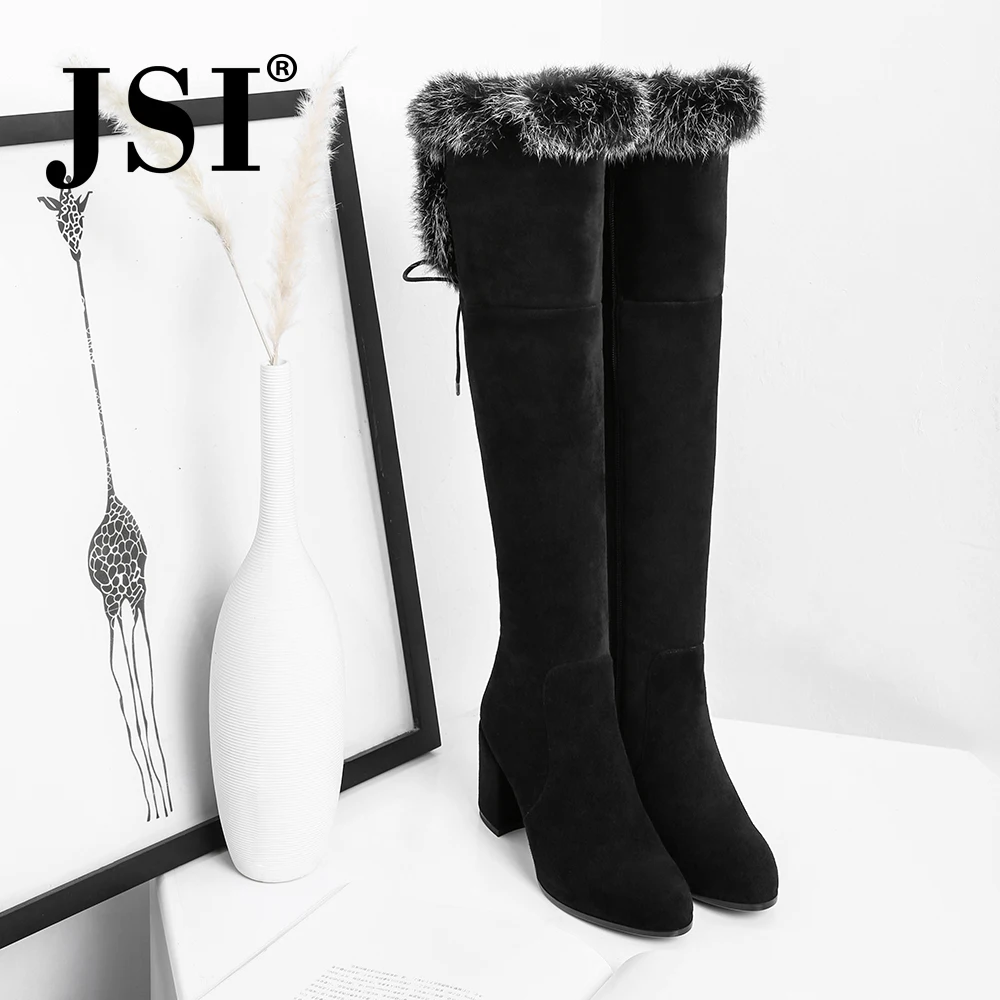 JSI/Модные женские замшевые сапоги до колена на квадратном каблуке со шнуровкой