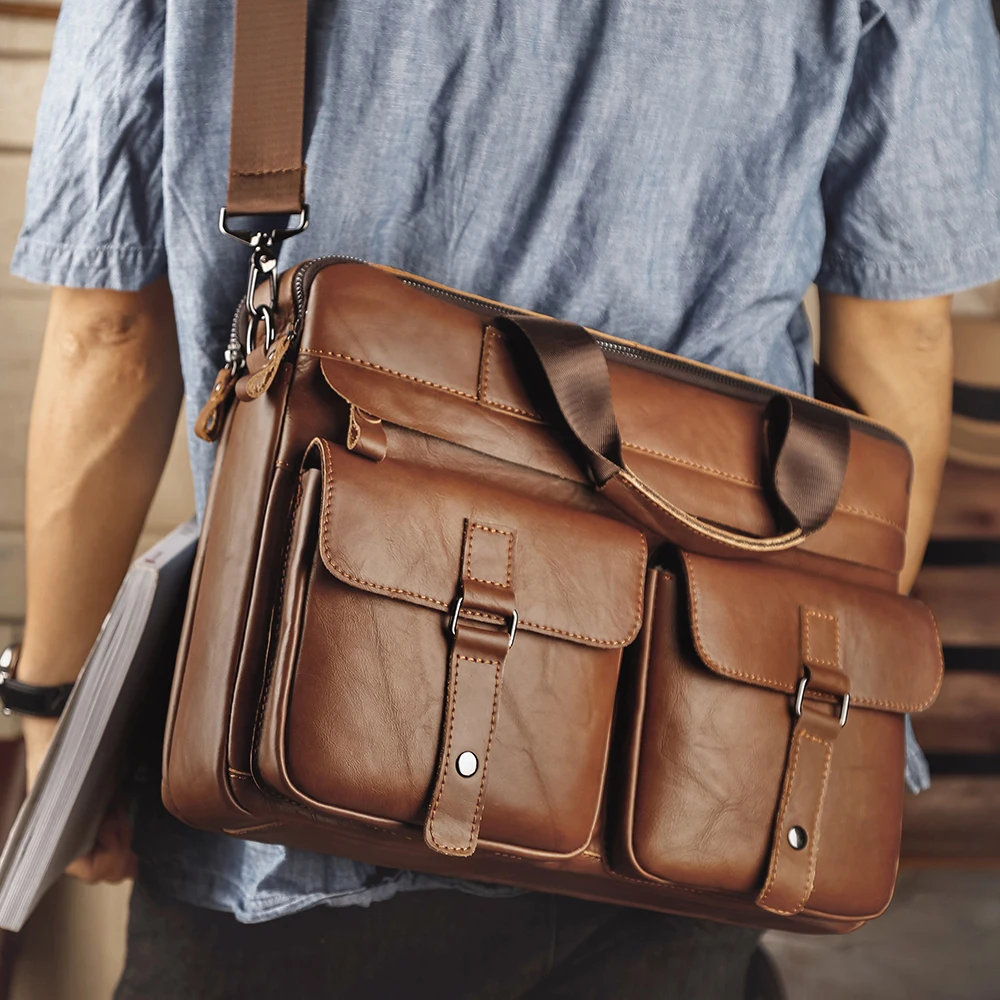 Genuine Leather Laptop Messenger Bag - 15.6 Inch, Trolley Compatible, Dark Brown Buffalo Leather