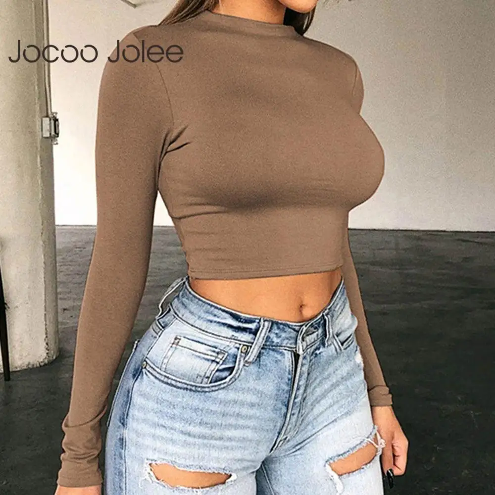 

Jocoo Jolee Women Summer Solid Sexy Casual Basic Long Sleeve T-Shirt Slim Skinny All-Match O-Neck Crop Top Korean Tees