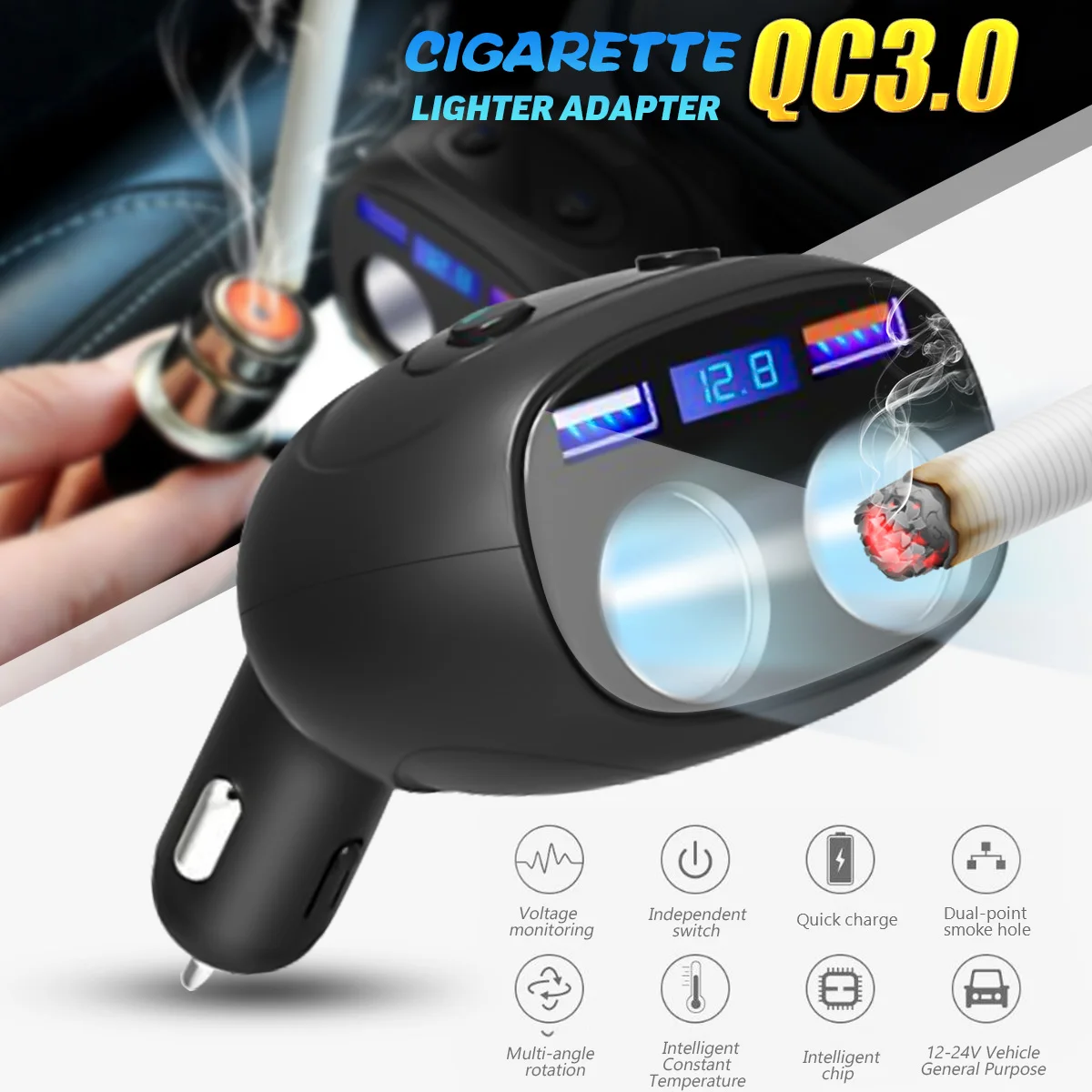 QC3.0 Quick Charge машинная Зажигалка для сигарет розетка разветвитель адаптер с двумя портами USB Зарядное устройство 12/24V
