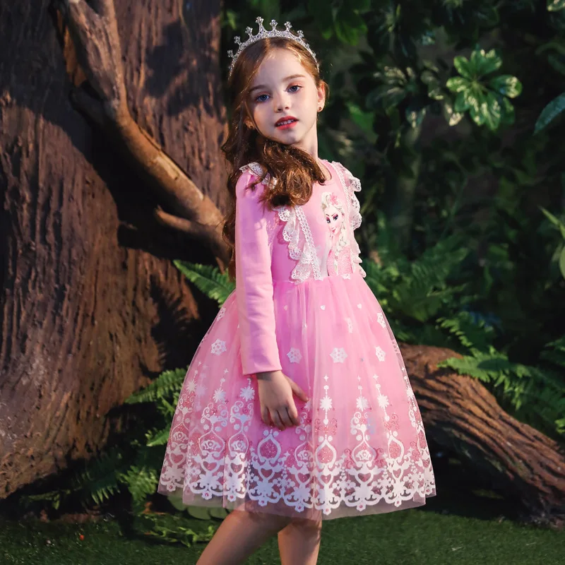 «Холодное сердце» 2 новые платья принцессы Эльзы для девочек детские штаны с кружевом для малышей, рождественские День рождения зимнее платье с рисунком Косплэй Vestidoes - Цвет: PinkThickenwithCloak