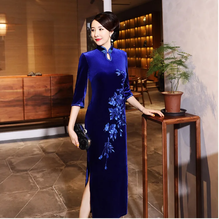 Черный бархат вышивка Китайский Винтаж Cheongsam капли воды воротник Женский костюм женский Восточный стиль с длинным рукавом Qipao