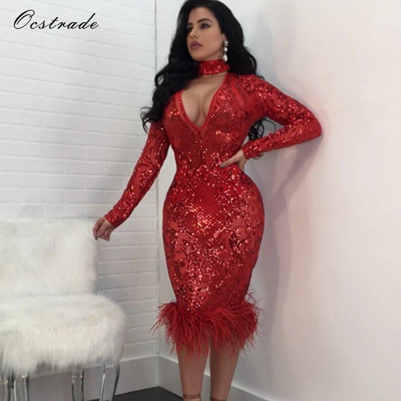 

New Arrival 2019 Red Long Sleeve Feather and Sequined Sexy Dress Women Party Dresses Bodycon Clubwear for Woman Night