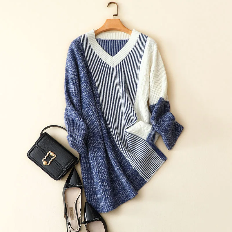 US $175.50 cashmer merino wool v neck striped sweaters long women fashion winter pullovers