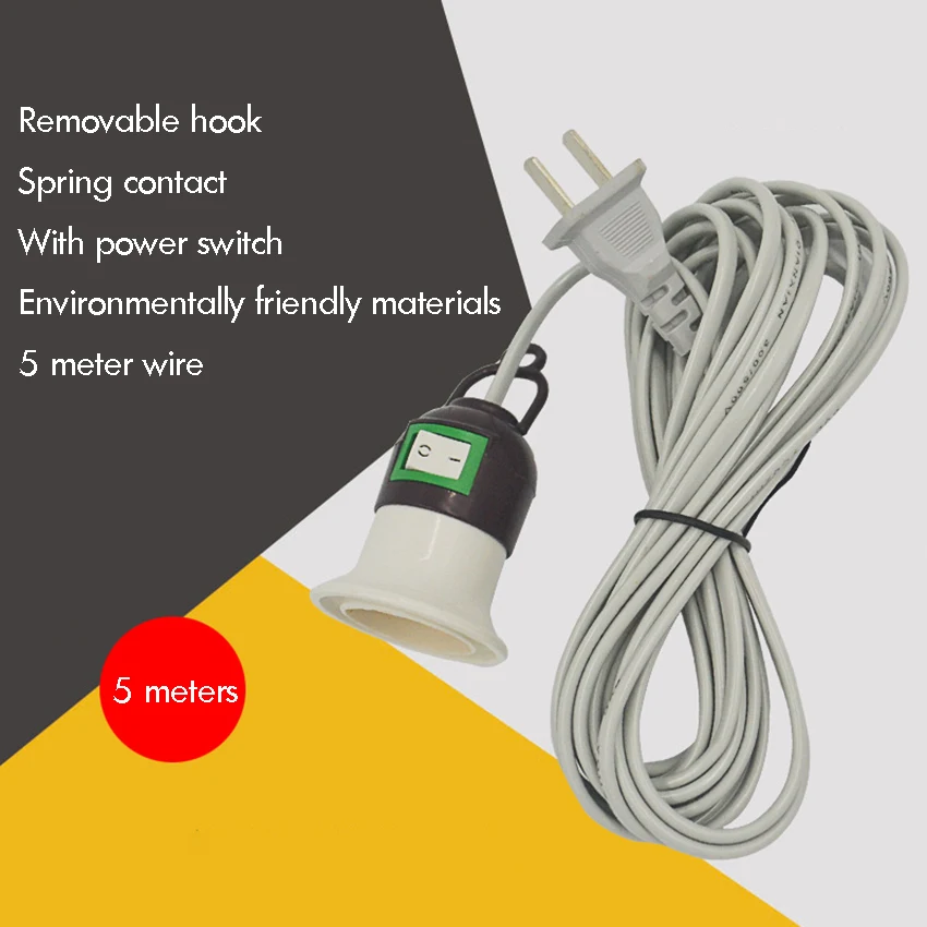 5M Extension Hanging Lantern Pendant Light Lamp Cord Cable E27 Socket with On/Off Switch, 2-pin Plug, for Kitchen Bedroom Light