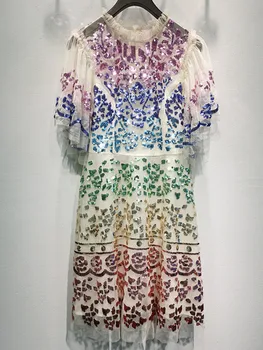 

Women Colorful Sequins Mini Dress Lady Short Sleeve Mesh Ruffles Trim Collar Pleated Short Dresses Fashion Clothes With Zipper