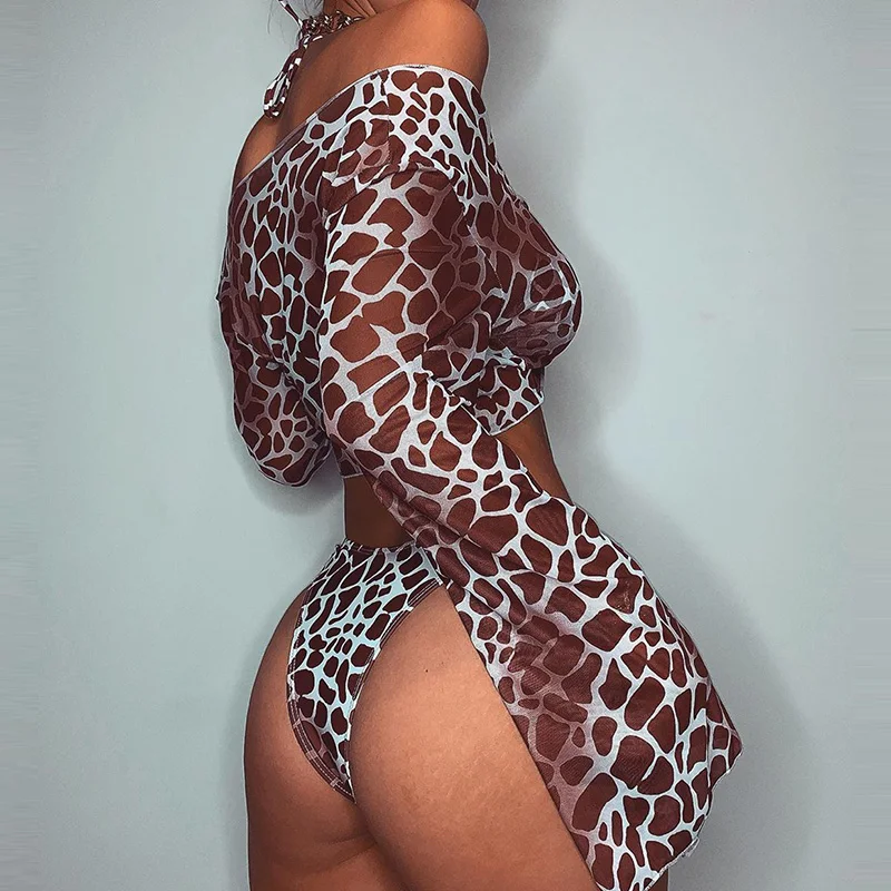 Sexy Leopard Halter Bikini Set Three Piece Swimsuit Long Sleeve Swimwear Woman Transparent Mesh Beach Wear High Cut Bathing Suit