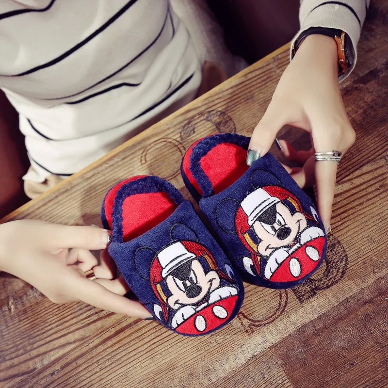 Disney/Детские хлопковые тапочки; сезон осень-зима; домашние Нескользящие плюшевые тапочки с Микки-Маусом для маленьких мальчиков - Цвет: 1