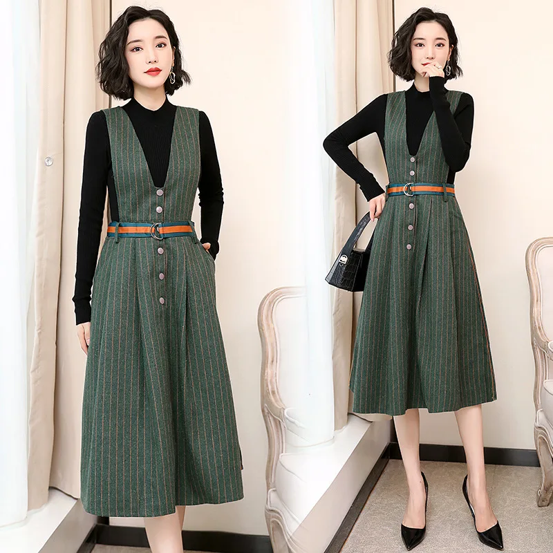 

Woolen Jumper Dress France Non-mainstream Dress Waist Hugging Autumn & Winter Girls' Dress with Sweater Two-Piece Set