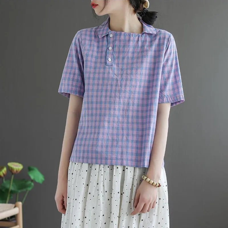 Blouses Shirts Women Summer Casual Plaid Tops New 2020 Korean Style Turn-down Collar Female Vintage Blouse High Quality P990 3