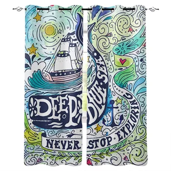 

Whale Sailboat Stars Sun Window Curtains Living Room Kitchen Curtains for Bedroom Left and Right Biparting Open Curtains