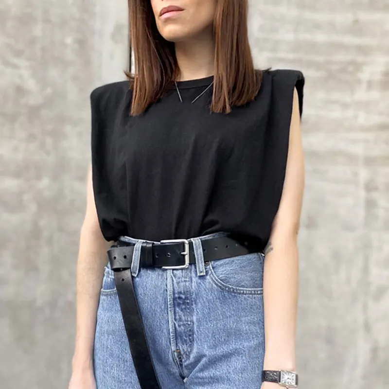 Elegante sem Mangas Nova Mulher Ombro Acolchoado Blusa Solto Ajuste Escritório Senhora Superior t Vest Sci88 7 High Quality Moda Feminina