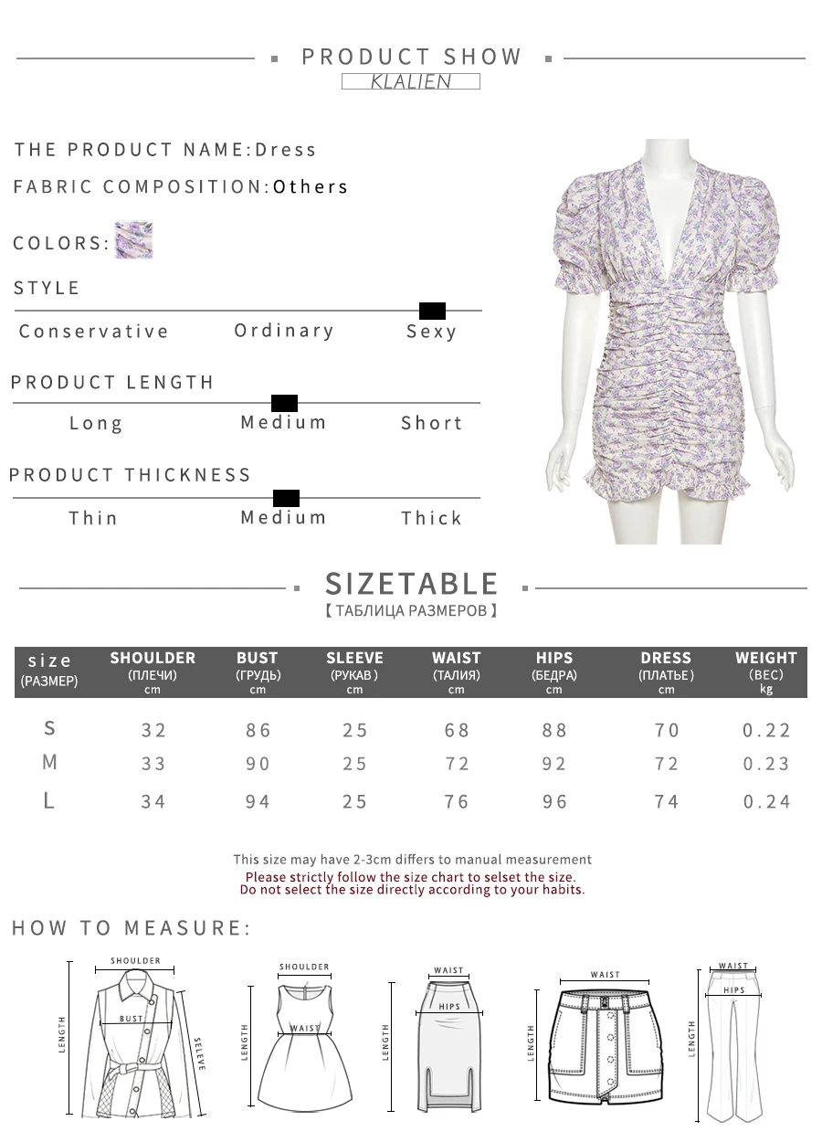 KLALIEN Fashion Elegant Print Boho Floral Office Lady Street Puff Sleeve V Neck Slim Women Dress Summer Club Party Beach Dresses