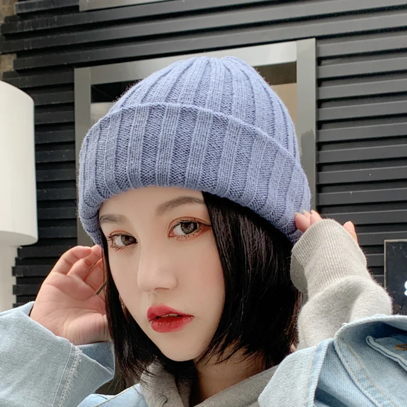 Женская однотонная Повседневная теплая вязаная шапка Skullies Beanies шапки бини женский корейский стиль Элегантный Красивая осенне-зимняя модная шапка - Цвет: light blue