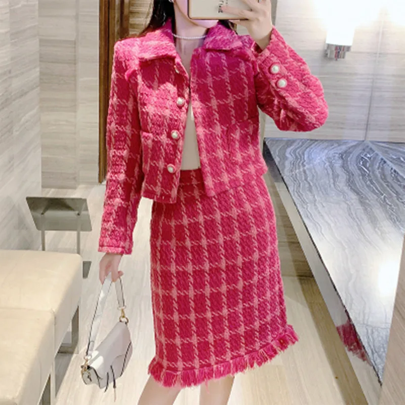

Women Tweed Suit 2023 Autumn Elegant Plaid Long Sleeve Button Cardigan Coat + Mini Pencil Skirt FashionableTwo Piece Suit