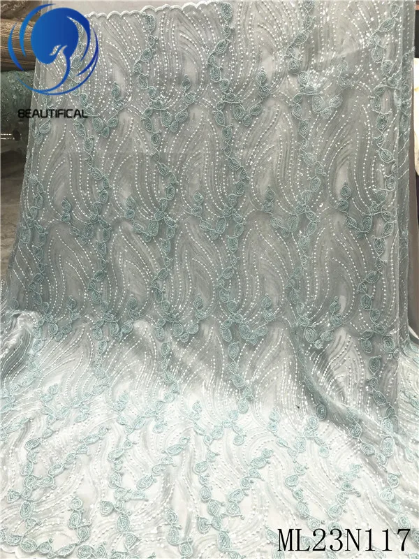 

Beautifical african lace fabrics Latest style nigerian tulle lace with sequins 5yards embroidery sequin lace fabric ML23N117