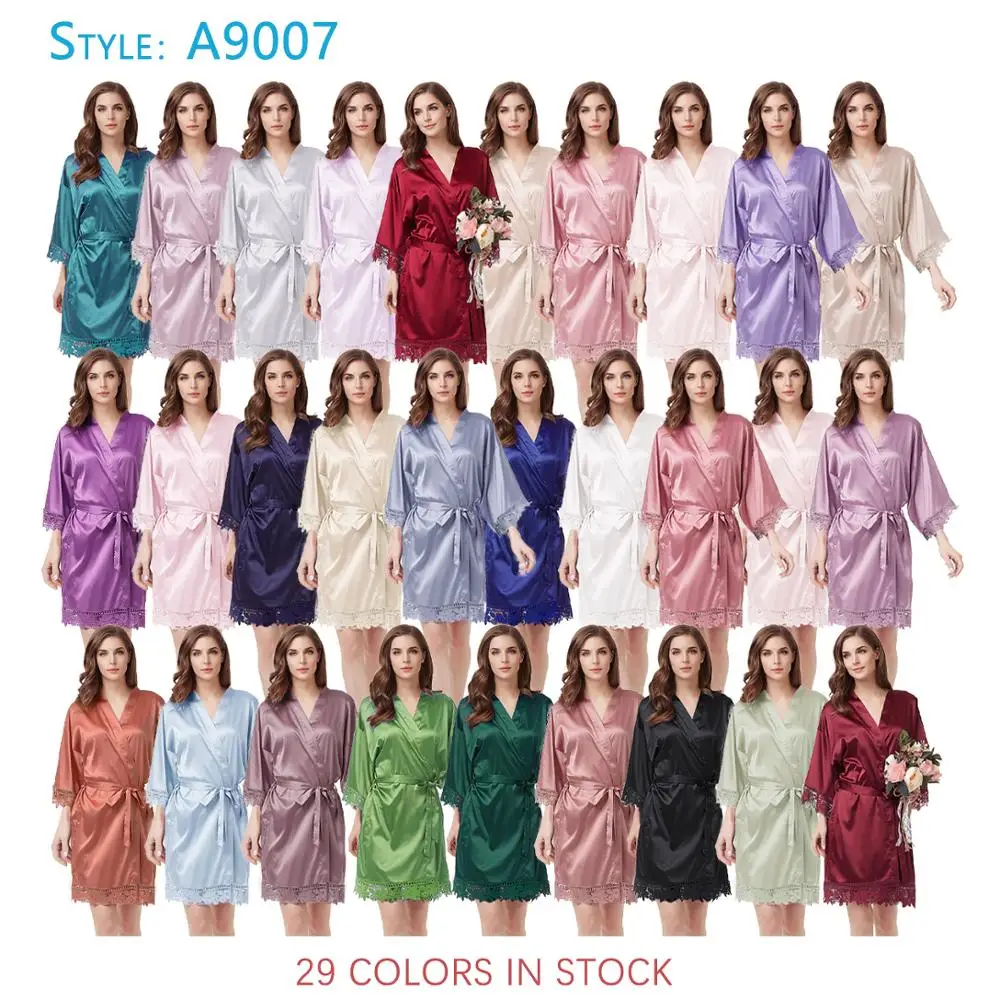 Women Dressing Gown Silk Satin Bathrobe Short Style Lace Trim Bridal Robe women sleepwear bride robes silk robe sleepwear pajamas