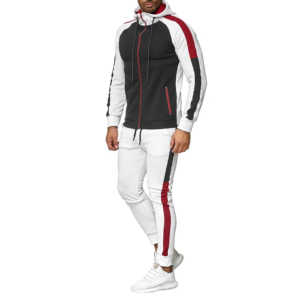 Спортивный костюм Для мужчин, комплект из 2 предметов, осенняя спортивная одежда с застежкой "молния" толстовка с капюшоном+ брюки для девочек спортивный костюм в полоску, из кусков, для бега, Outdoor730