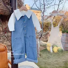 Новинка года; джинсовый комбинезон для мальчиков и девочек; сезон весна-лето; длинные штаны для маленьких детей 3-8 лет