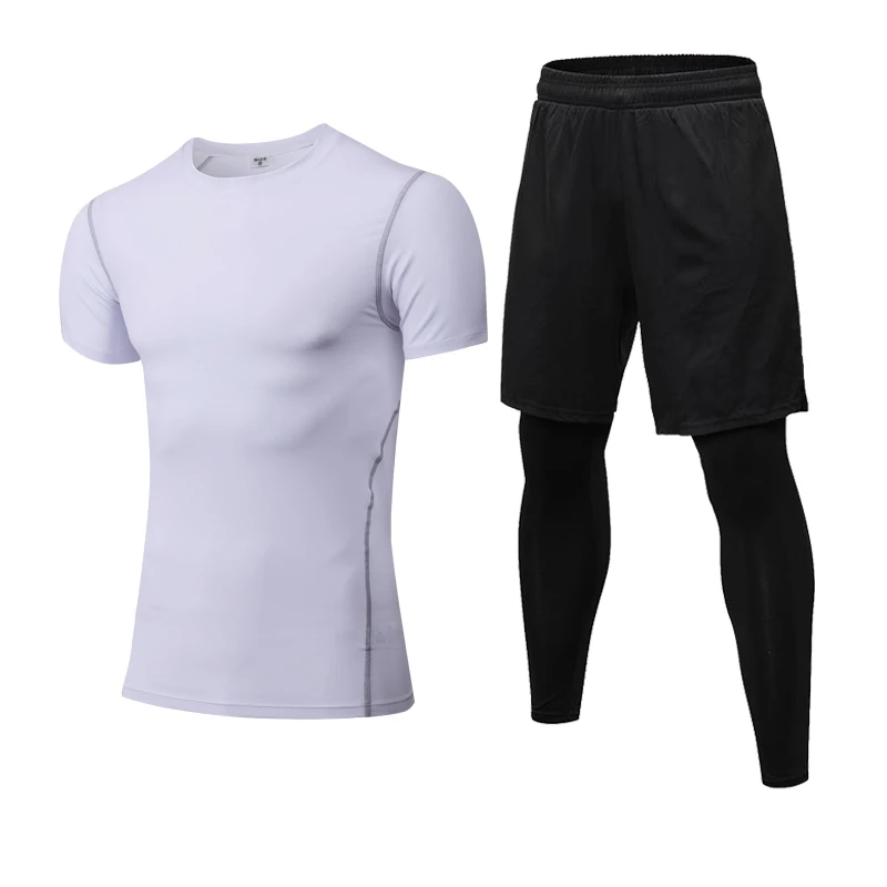 Горячие мужские наборы для бега 2 шт брюки из искусственной ткани летние футболки спортивные колготки компрессионный Костюм Для Бега Фитнес Спортивная одежда спортивный костюм 2XL - Цвет: White-black pant