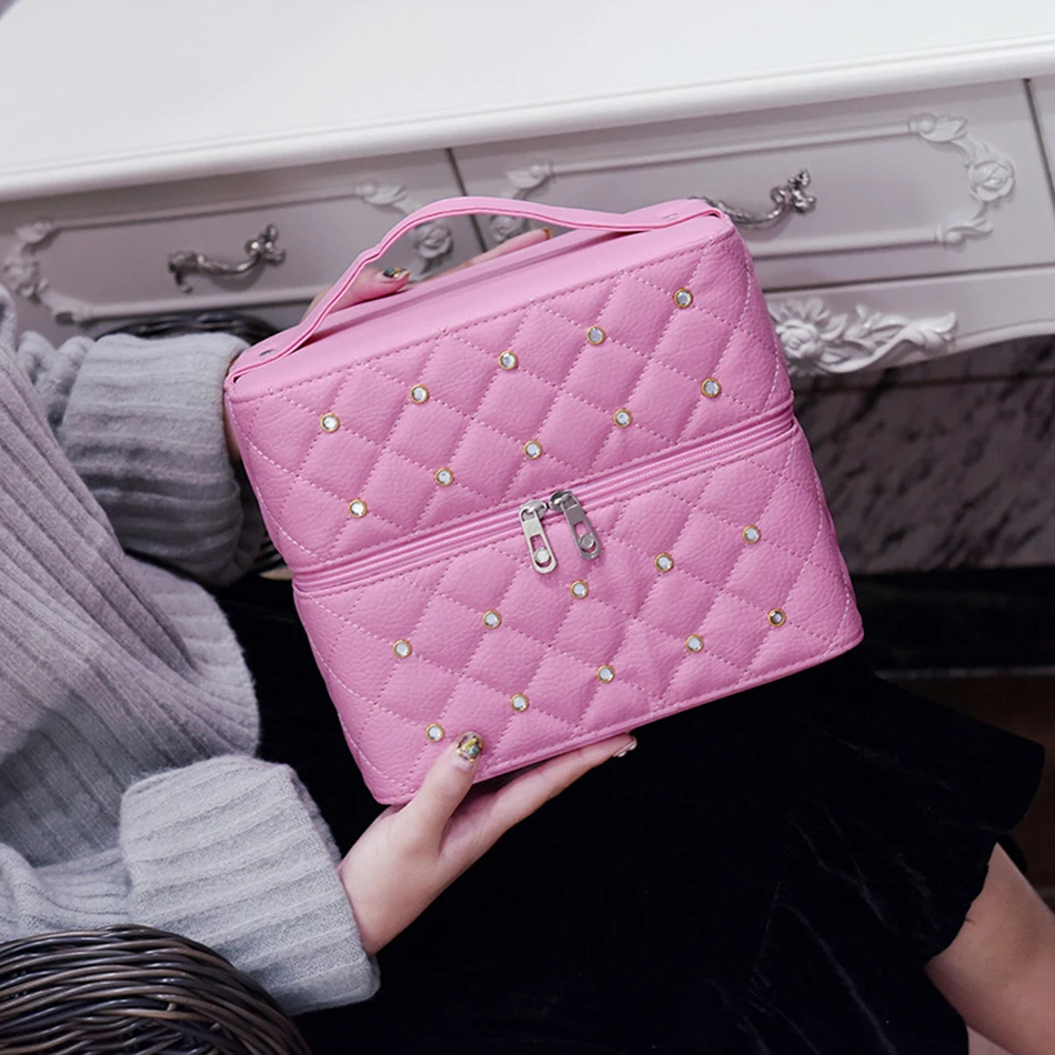 Cosmetic Bag Women PU Leather Rhinestone Makeup Bags Travel Organizer Fashion Style Capacity 3Layers Cosmetic Trunk Box Portable