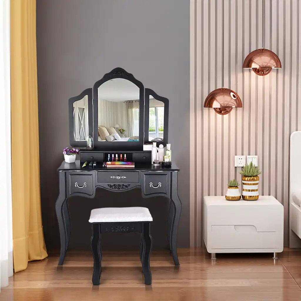 Vanity Beauty Station Makeup Table And Wooden Stool 3 Mirrors And 5 Drawers Set Folding Mirror Wood Removable Dressers Aliexpress