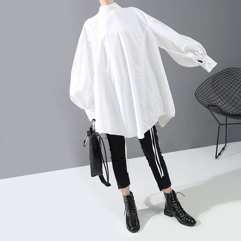  [EAM] Women Back Long Drawstring Big Size Blouse New Satnd Collar Long Sleeve Loose Fit Shirt Fashi